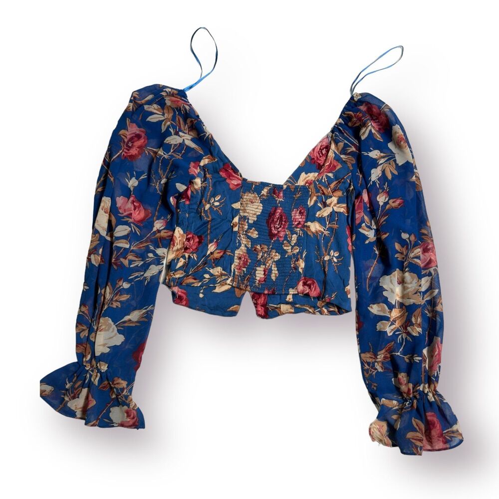 Urban Outfitters Blue Floral Blouse Fairy‎ Core Cropped Long Sleeve Smocked Back - Picture 3 of 6